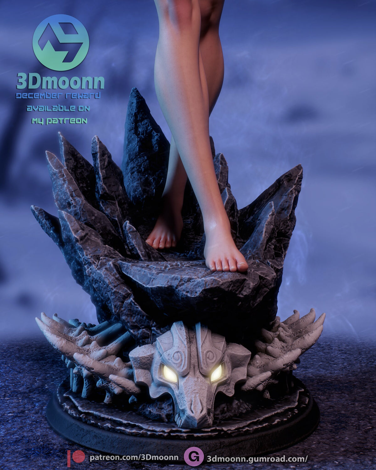 Sculptor's render (kit ships unpainted): close-up of the rock-spike base and the bone monster skull with glowing eyes
