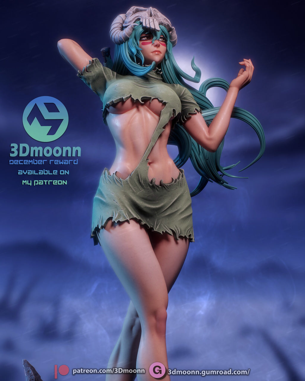 Sculptor's render (kit ships unpainted): low three-quarter view from mask to shins, showing the torn skirt
