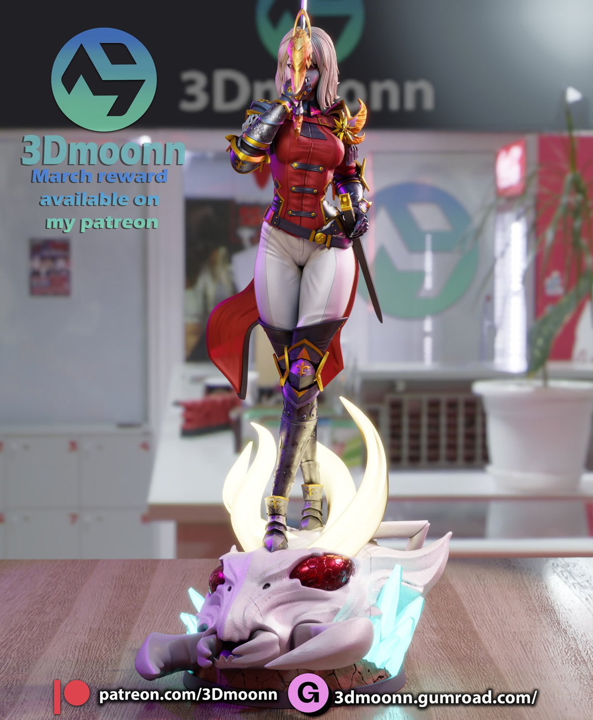 Sculptor's render of the painted design (kit ships unpainted): front view of the figure standing on the skull base