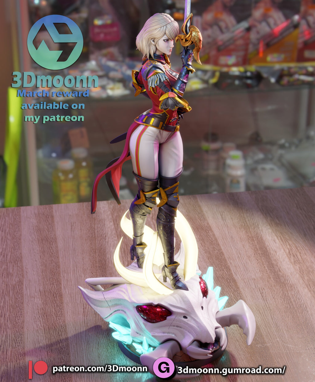 Sculptor's render (kit ships unpainted): high side view showing the horns around her boots