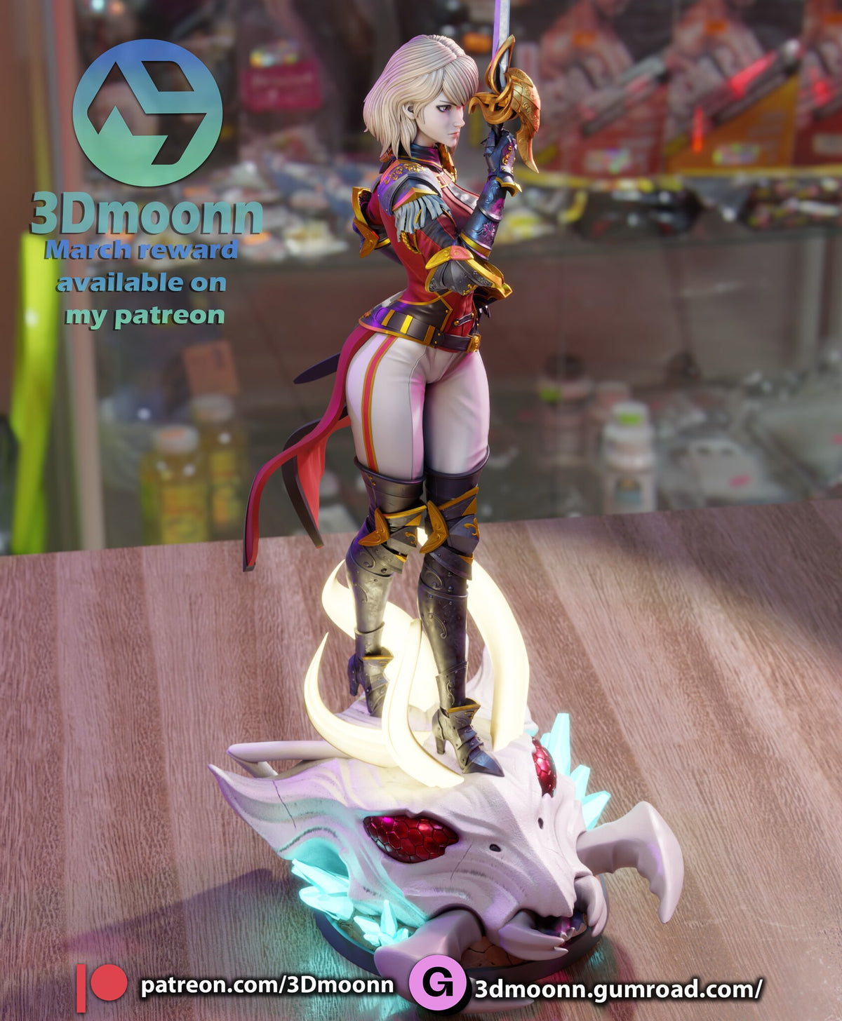 Sculptor's render (kit ships unpainted): high side view showing the horns around her boots