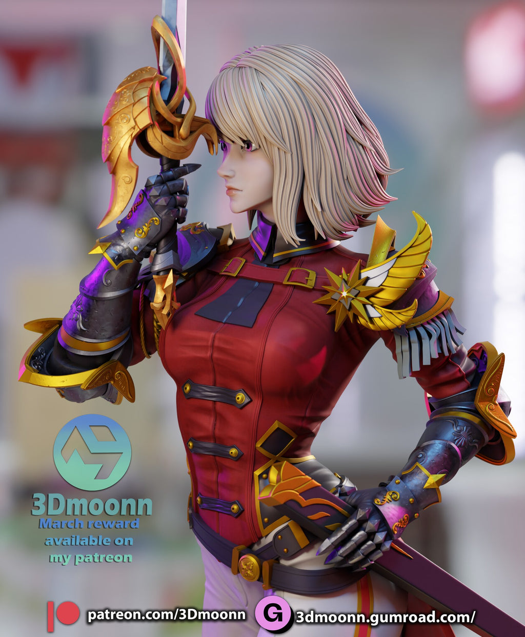 Sculptor's render (kit ships unpainted): close-up of the face, rapier hilt and armored gauntlets