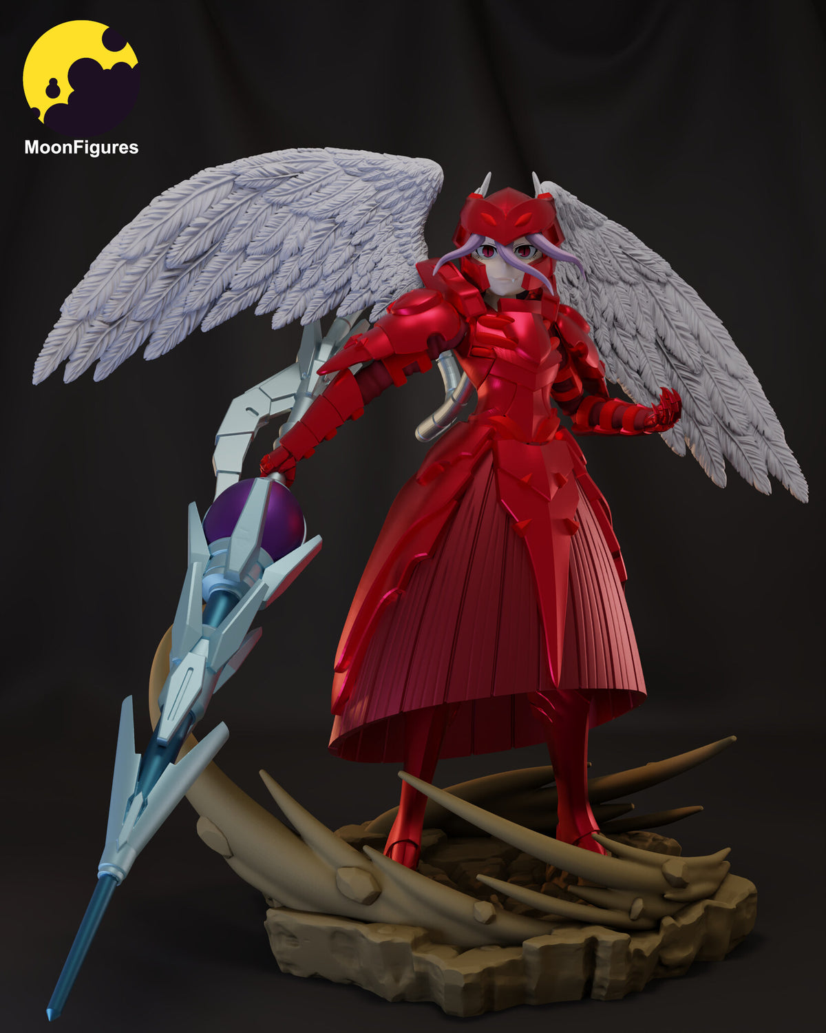 Sculptor's render of the painted design (kit ships unpainted): front view of the winged figure in red plate armor holding a lance tip-down on the bone-spike rubble base