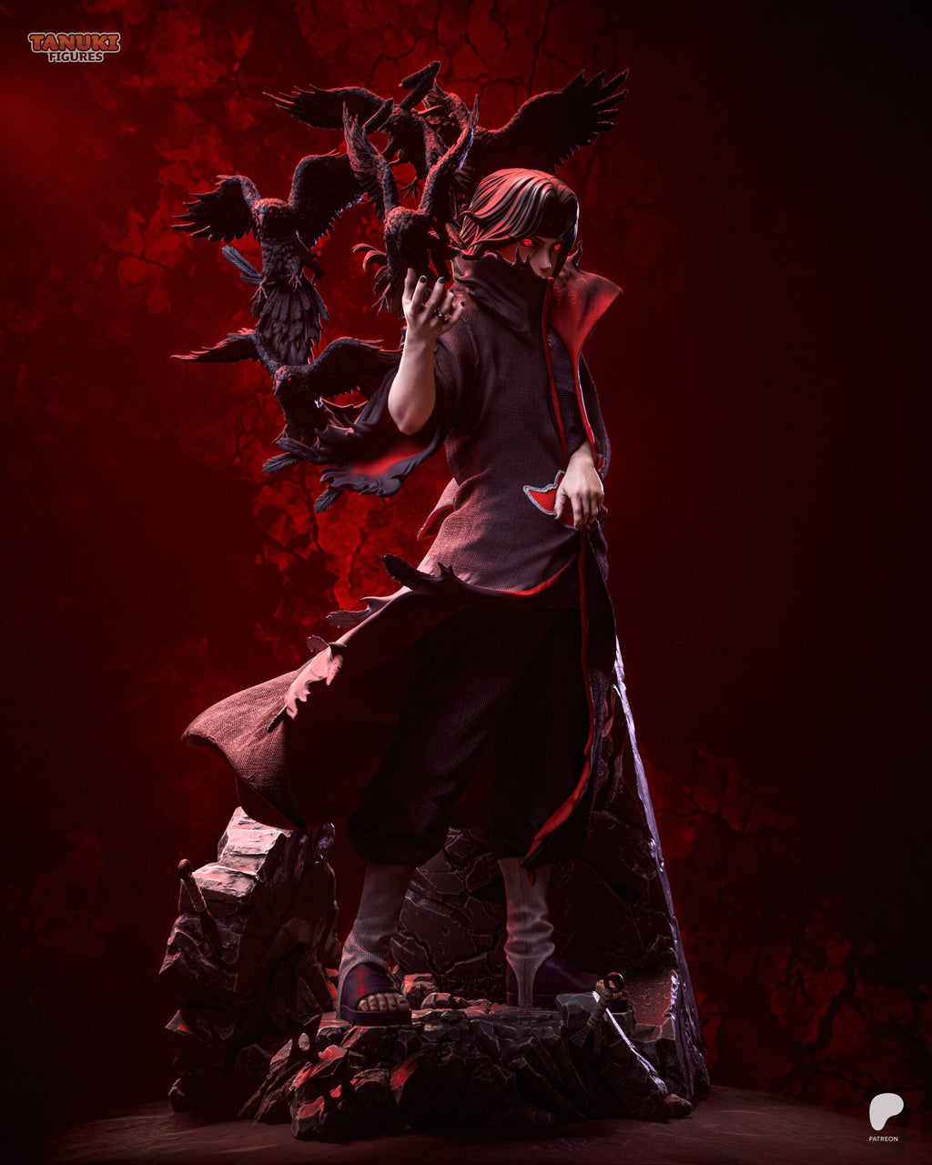 Sculptor's render (kit ships unpainted): three-quarter view with the tall red-lined collar and the torn hem lifting toward the viewer