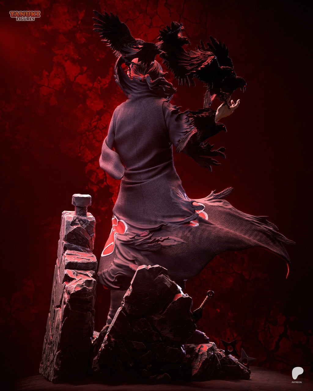 Sculptor's render (kit ships unpainted): rear view showing the red cloud on the back of the cloak, the flying hem and the rock pillar