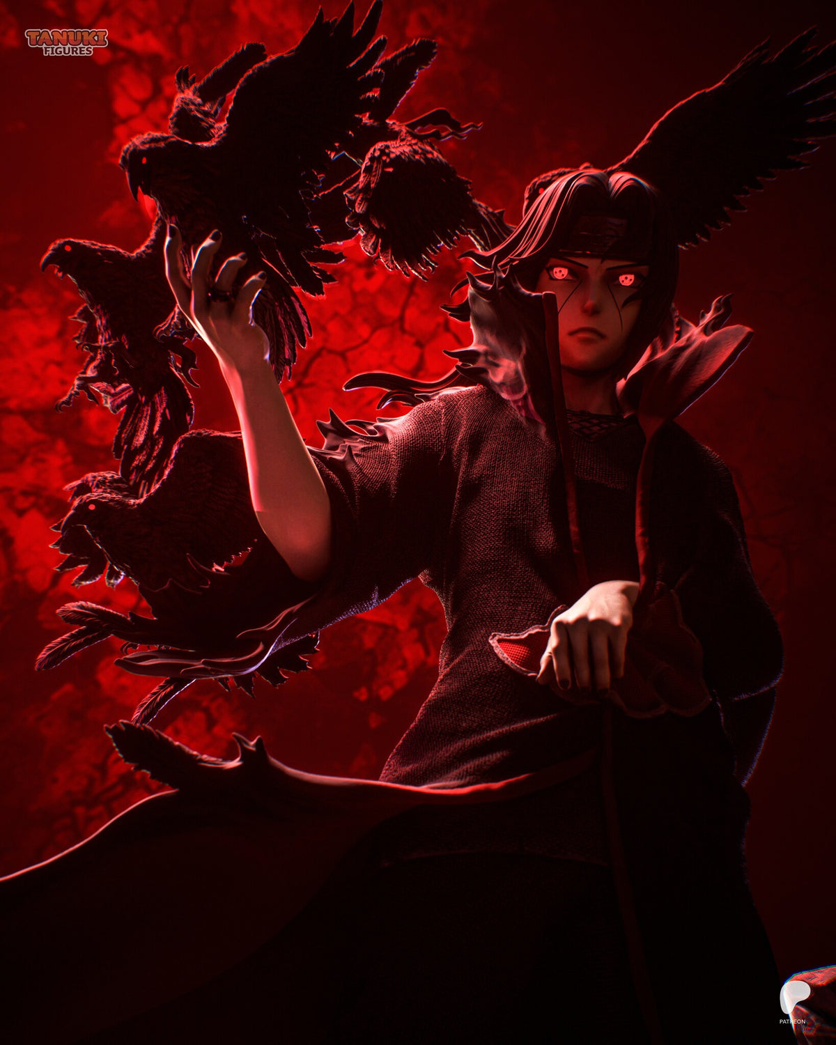 Sculptor's render (kit ships unpainted): low close view from the waist up, a crow gripping the fingers of his raised hand