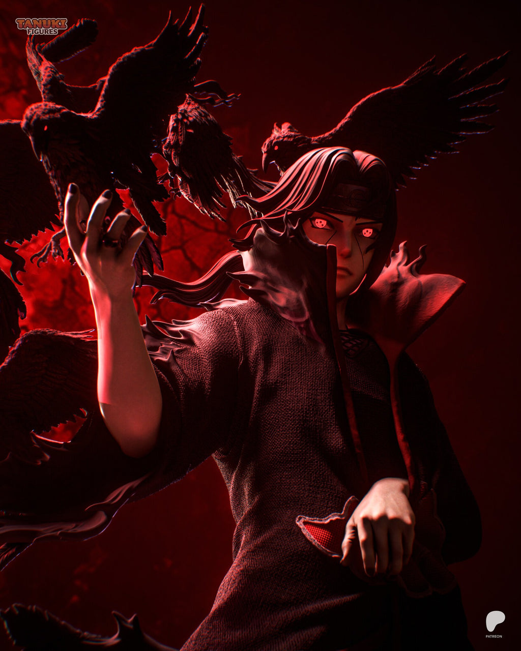 Sculptor's render (kit ships unpainted): close view of the face with red eyes and the slashed forehead plate, crows taking off beside him