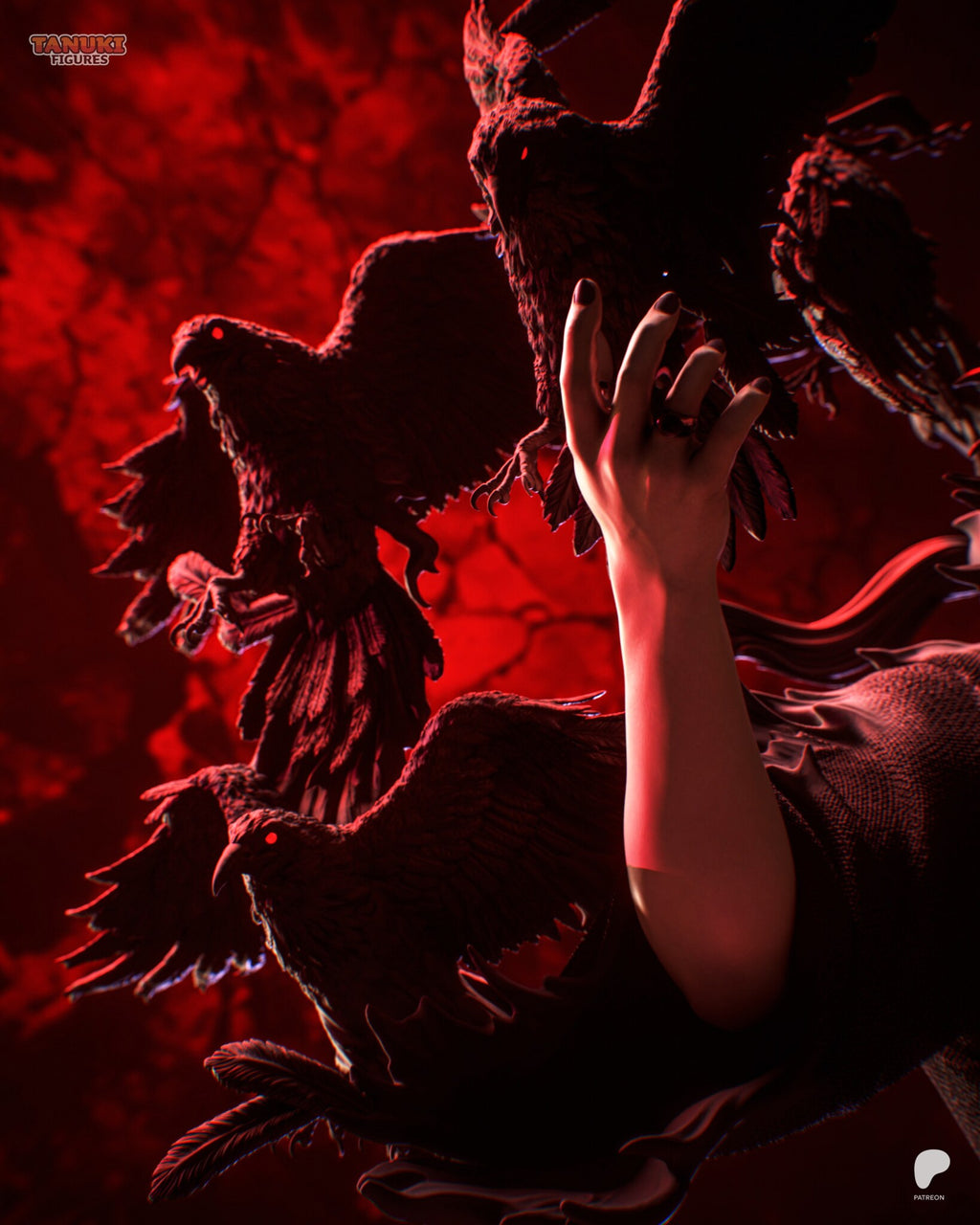 Sculptor's render (kit ships unpainted): close-up of the raised hand with three crows in flight around it