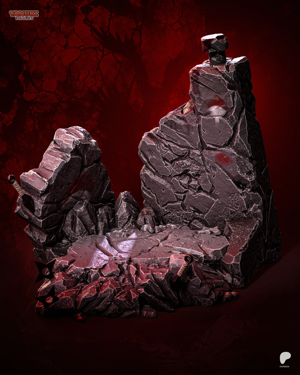 Sculptor's render (kit ships unpainted): the empty rock base with the tall pillar, a throwing knife in the stone and two throwing stars at the front