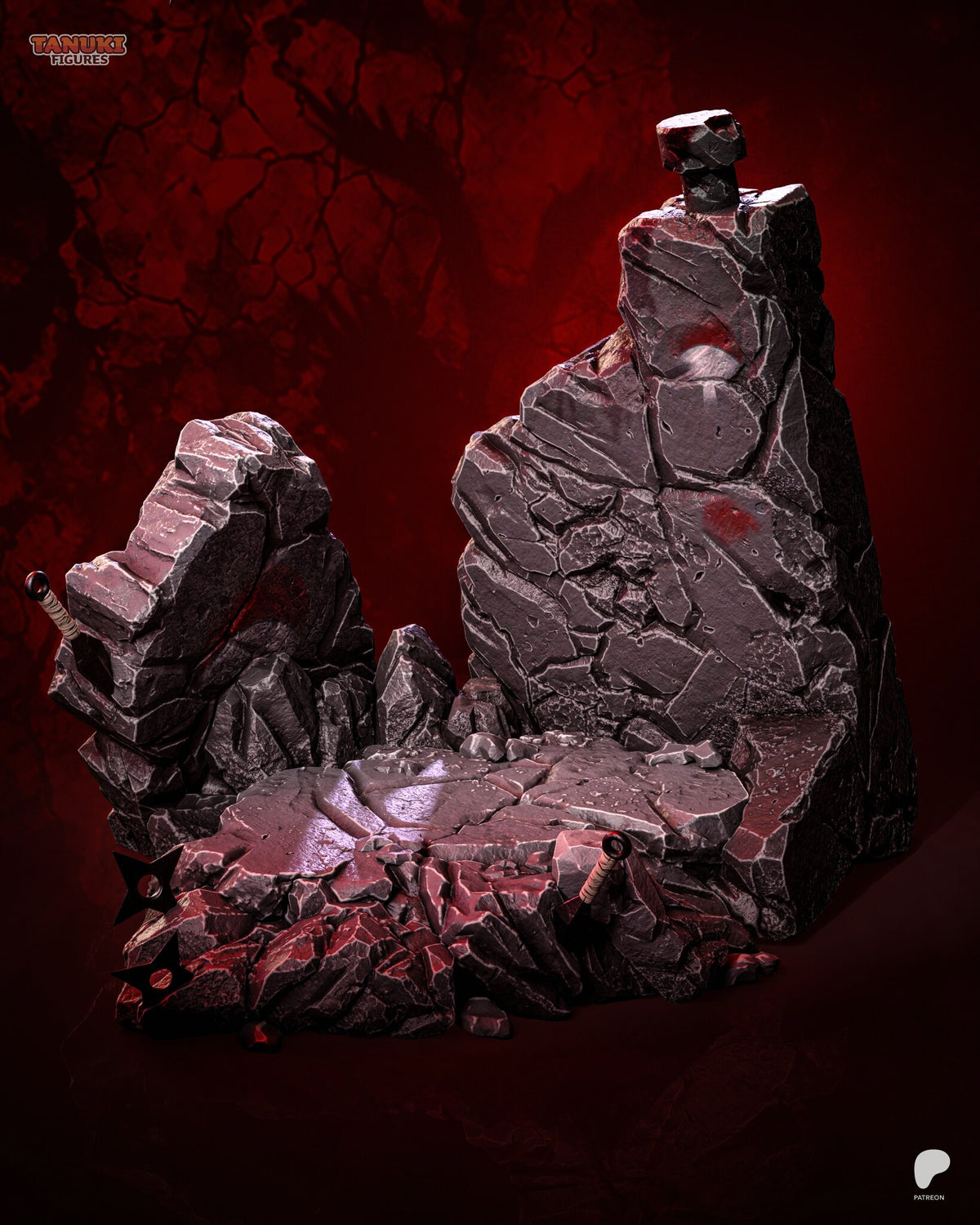 Sculptor's render (kit ships unpainted): the empty rock base with the tall pillar, a throwing knife in the stone and two throwing stars at the front