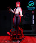 Sculptor's render of the painted design (kit ships unpainted): front view of the red-haired woman in a white shirt and tie holding up a wooden cross with chains, on a base ringed with crimson tendrils