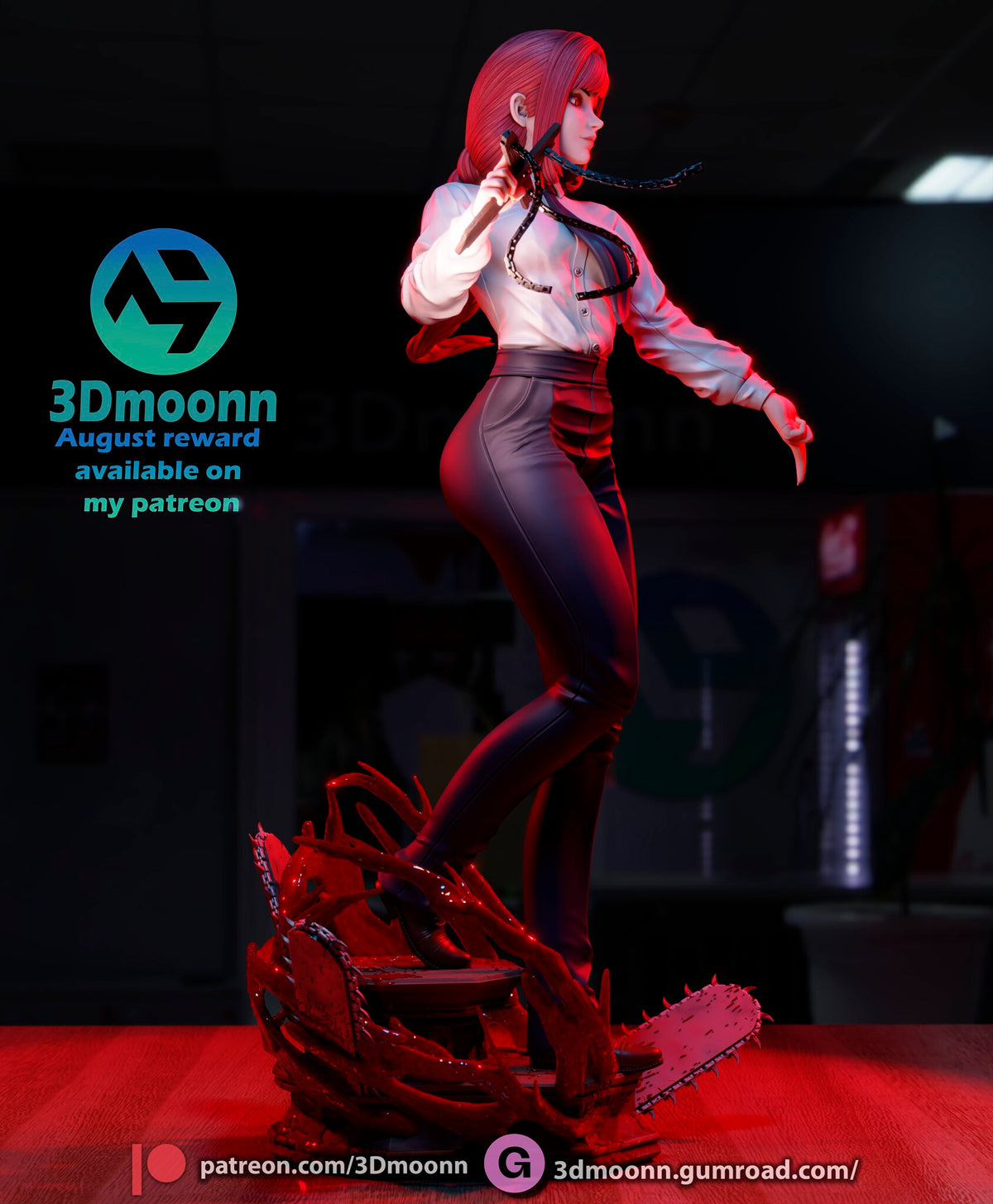 Sculptor's render (kit ships unpainted): side view with the braid down her back, one foot raised on the plinth and a chain floating in front of her