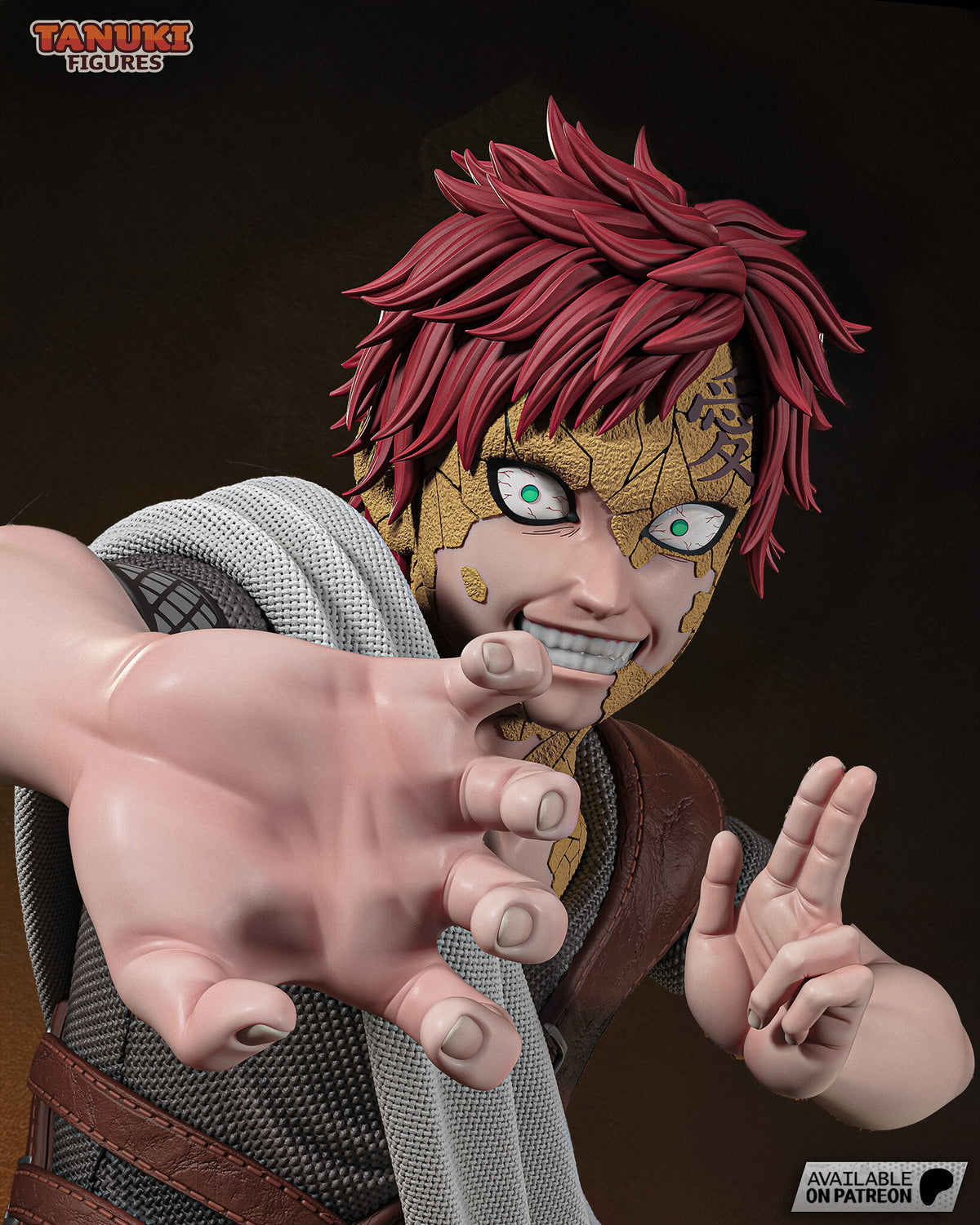 Sculptor's render of the painted design (kit ships unpainted): the bust with the cracked sand-armor face, one clawed hand reaching toward the viewer and two fingers raised
