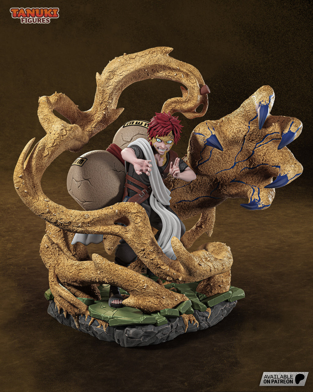 Sculptor's render of the painted design (kit ships unpainted): front three-quarter view of the red-haired fighter crouched with one clawed hand out, the sand gourd on his back, a giant clawed sand hand and looping sand tendrils around him on a cracked stone base