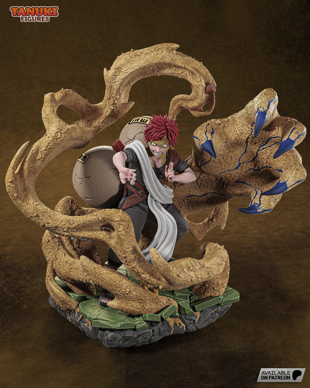 Sculptor's render (kit ships unpainted): front view showing the raised two-finger sign, the shawl and the sand tendrils looping in front of his legs