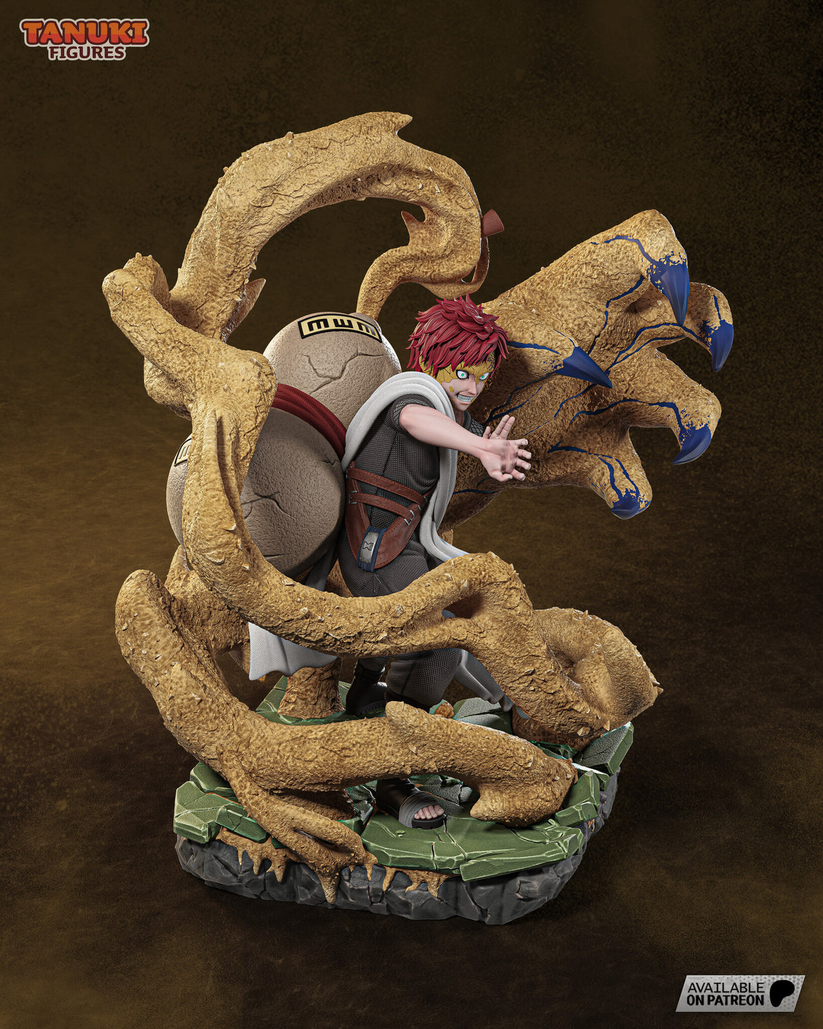 Sculptor's render (kit ships unpainted): view from his left with the giant sand hand and its dark blue claws reaching past him