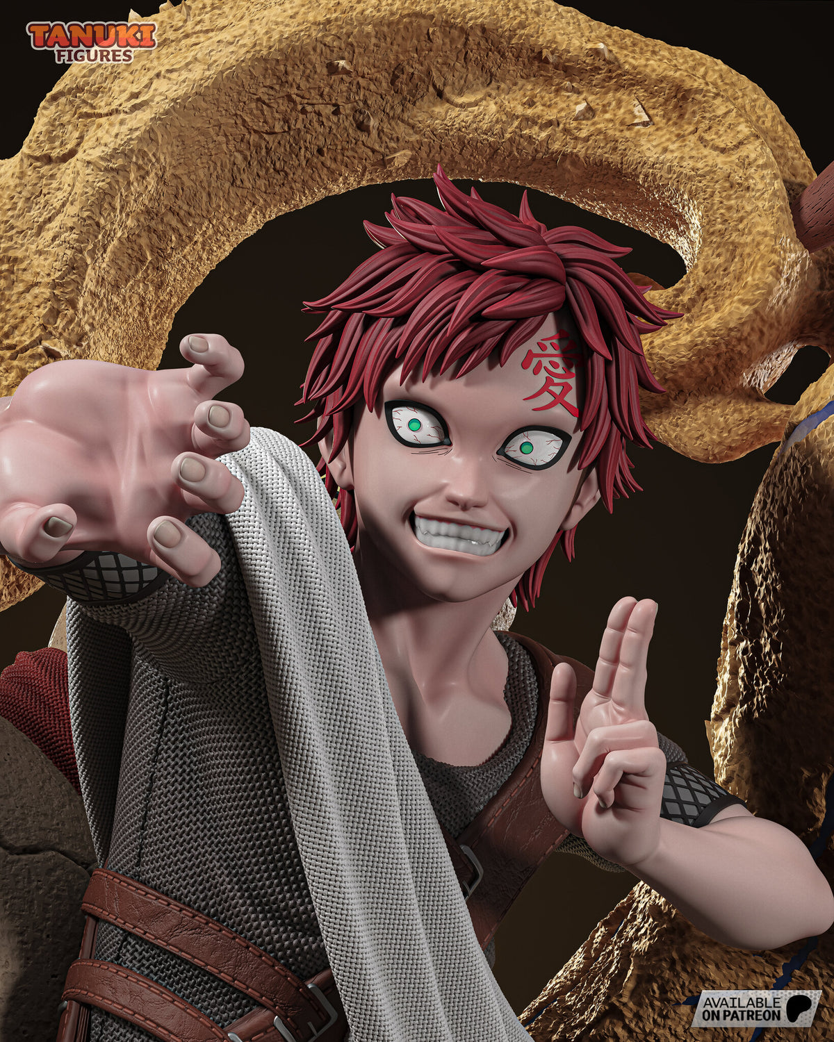 Sculptor's render (kit ships unpainted): close-up of the clean face, grinning, with a red mark on the forehead and dark rings around the green eyes