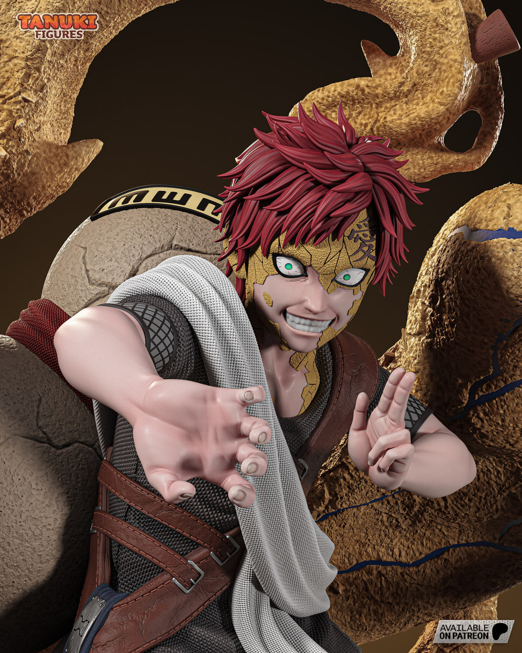 Sculptor's render (kit ships unpainted): close-up of the cracked sand-armor face flaking off his skin, one hand clawing forward