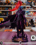 Sculptor's render of the painted design (kit ships unpainted): front view of the armored shadow knight with the red plume, holding the black sword low beside the torn cape, on the round base with shadow flames
