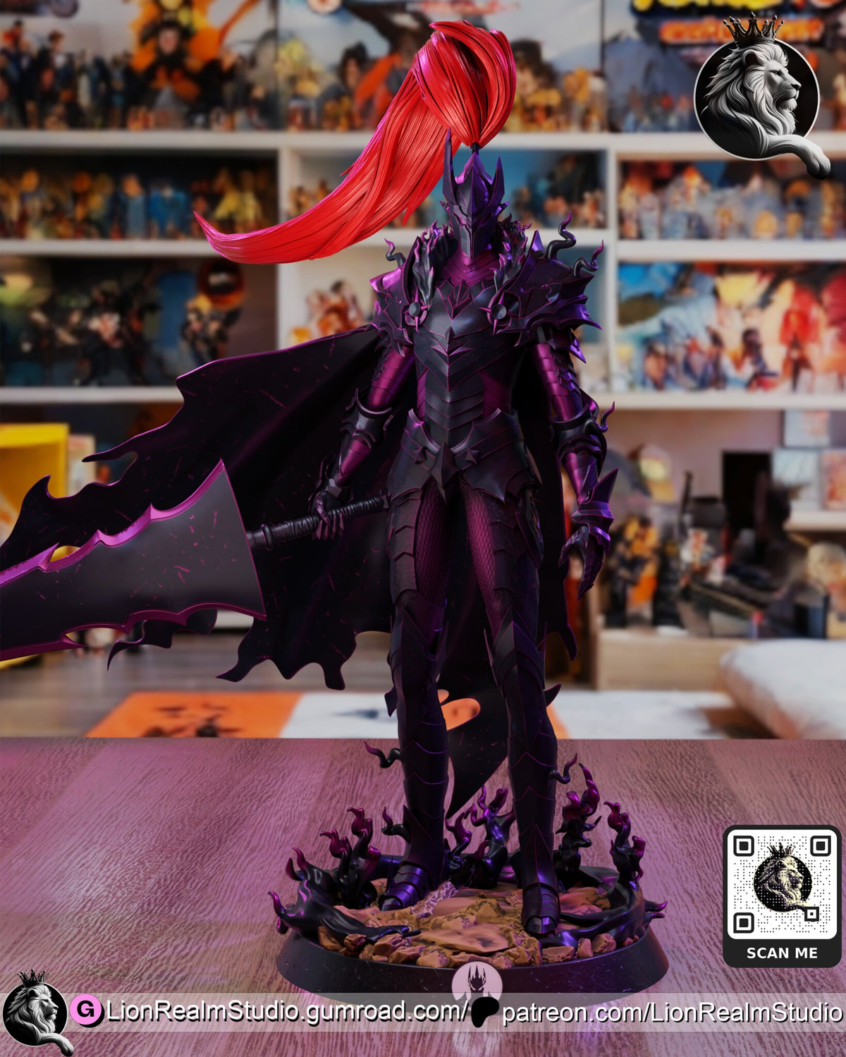 Sculptor's render of the painted design (kit ships unpainted): front view of the armored shadow knight with the red plume, holding the black sword low beside the torn cape, on the round base with shadow flames