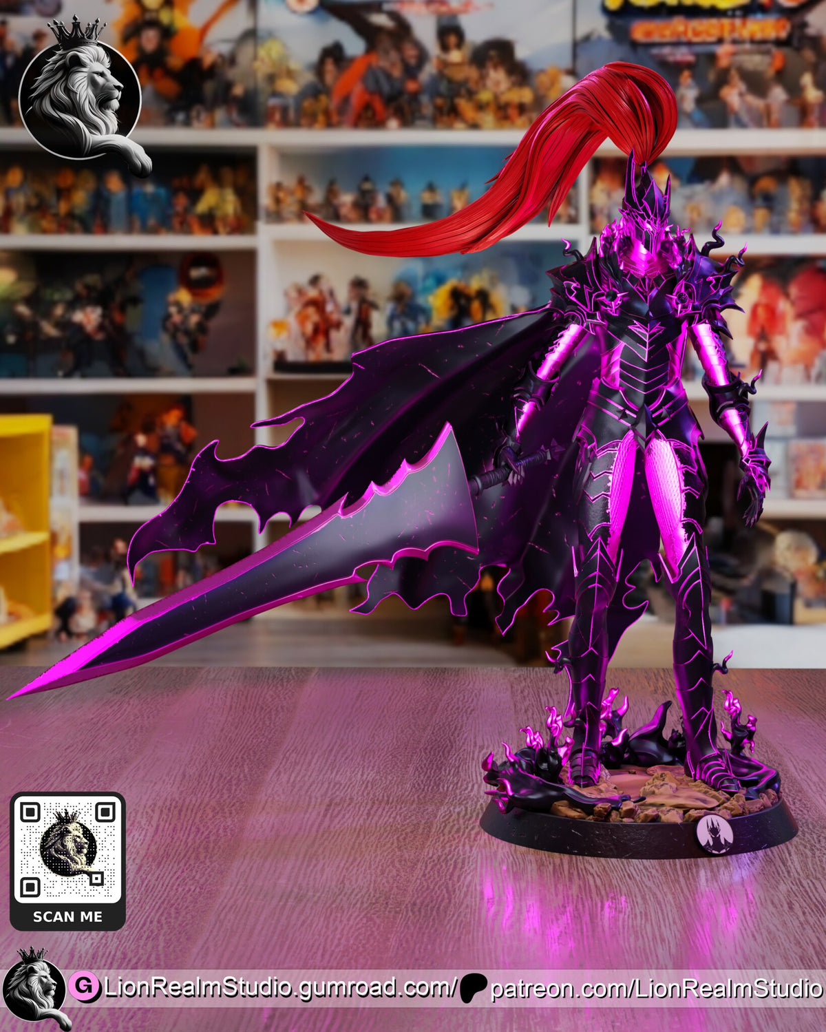 Sculptor's render (kit ships unpainted): front view with glowing magenta edge lines, the black sword reaching out to one side