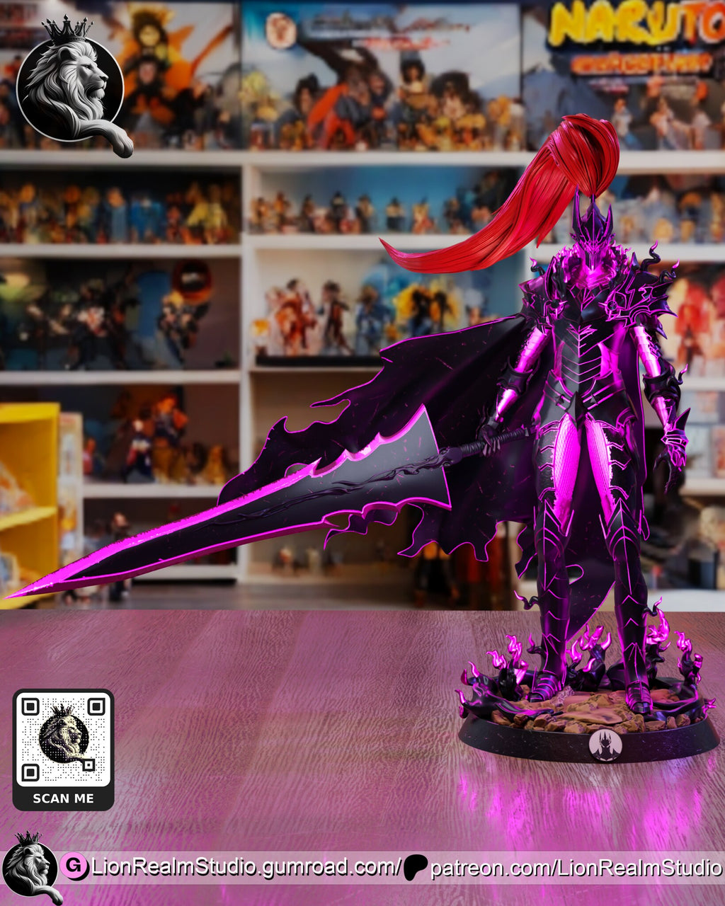 Sculptor's render (kit ships unpainted): three-quarter view with the black sword and glowing armor edges