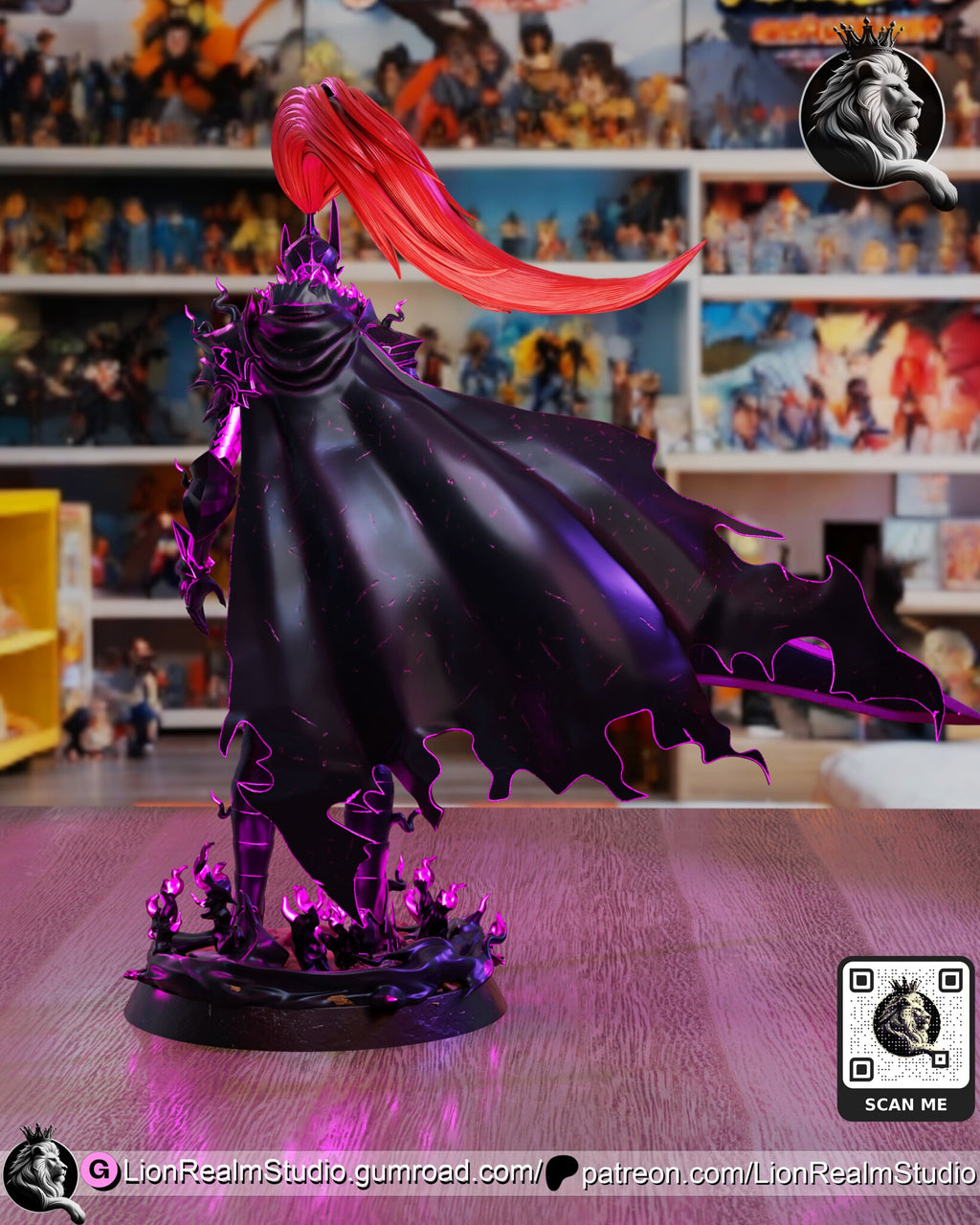 Sculptor's render (kit ships unpainted): rear view of the torn black cape and the red plume