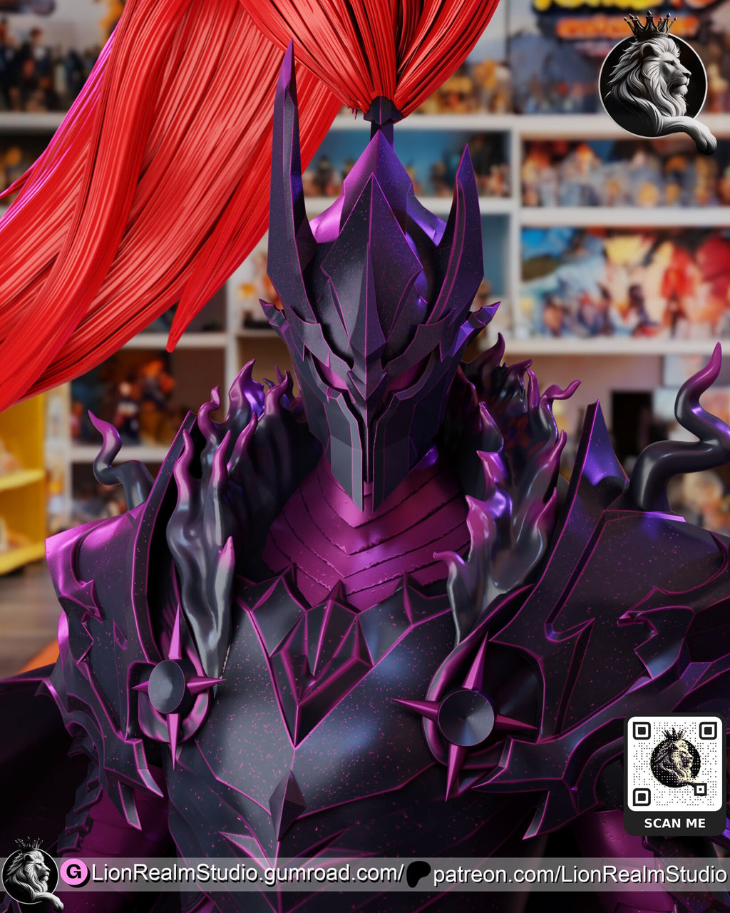 Sculptor's render (kit ships unpainted): close-up of the horned, crested helmet and the spiked collar armor