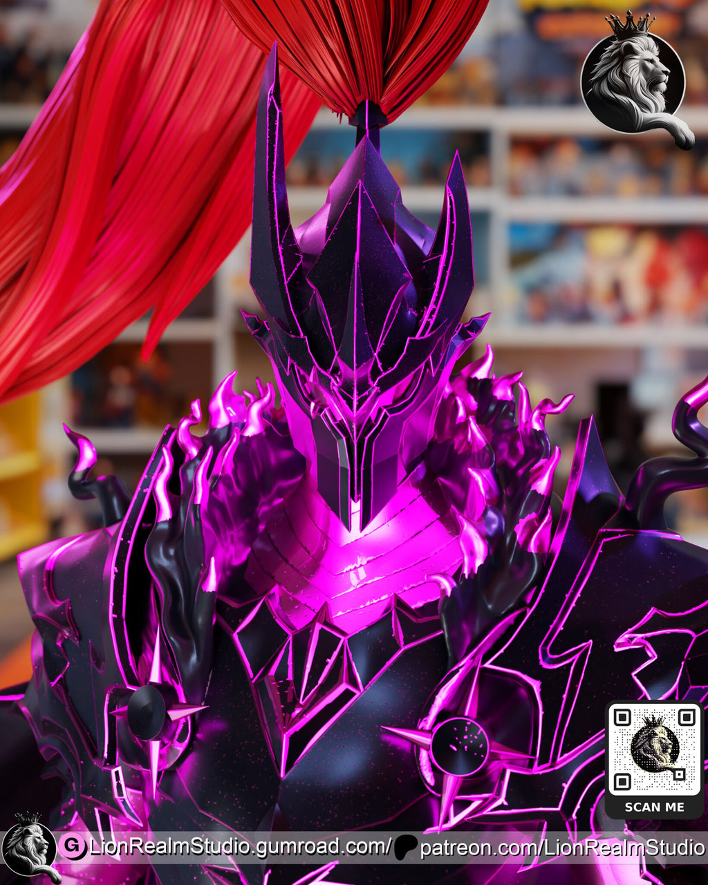 Sculptor's render (kit ships unpainted): close-up of the helmet and chest armor with glowing magenta edges