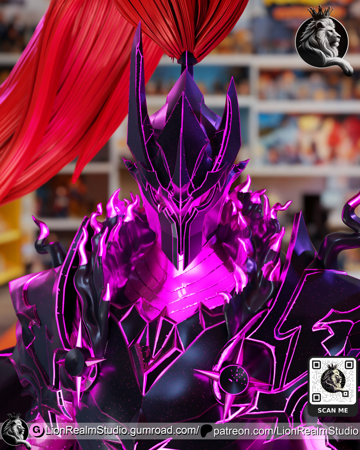 Sculptor's render (kit ships unpainted): close-up of the helmet and chest armor with glowing magenta edges
