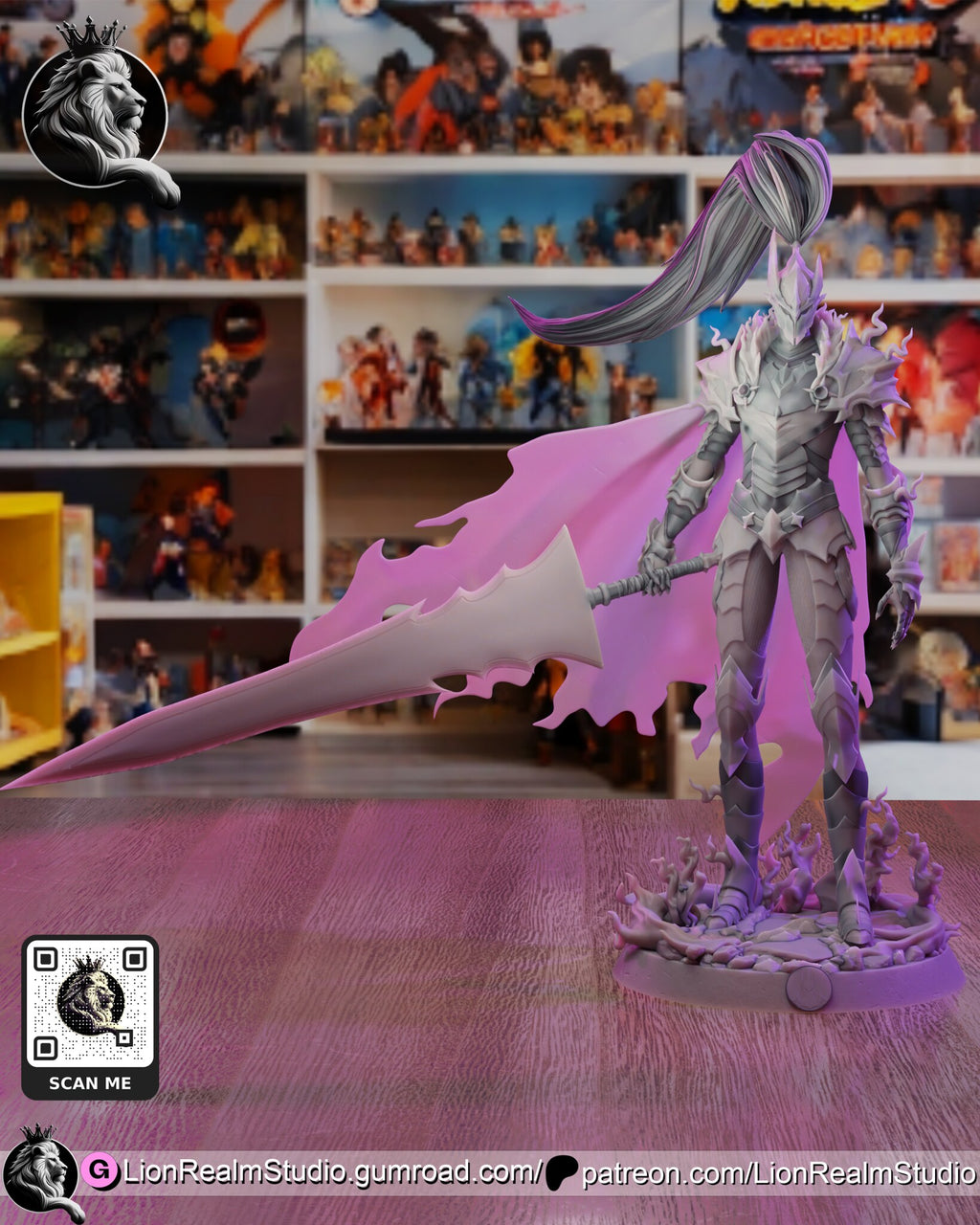 Sculptor's render (kit ships unpainted): unpainted gray view of the whole sculpt with the sword