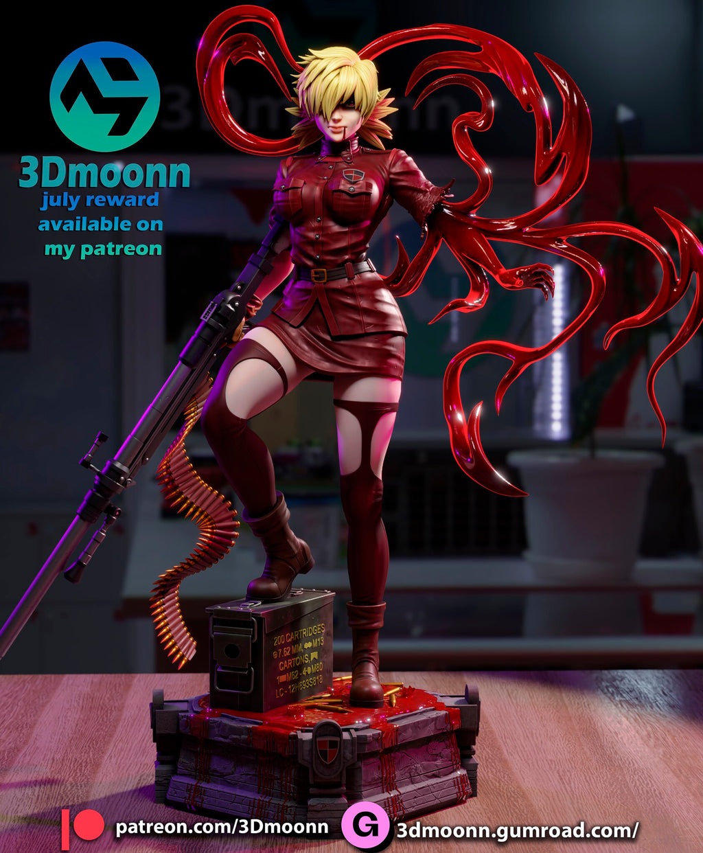Sculptor's render of the painted design (kit ships unpainted): built with the tendril arm: front full view of the blonde gunner in the red uniform, cannon in one hand and the blood-tendril arm looping overhead, one boot on the ammo crate