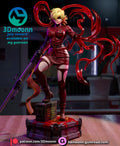 Sculptor's render of the painted design (kit ships unpainted): built with the tendril arm: front full view of the blonde gunner in the red uniform, cannon in one hand and the blood-tendril arm looping overhead, one boot on the ammo crate
