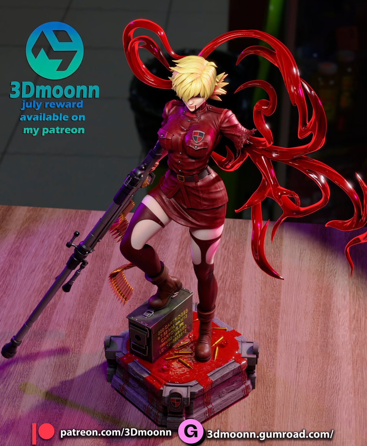 Sculptor's render (kit ships unpainted): built with the tendril arm: high view looking down on the plinth, the ammo crate and the blood pool