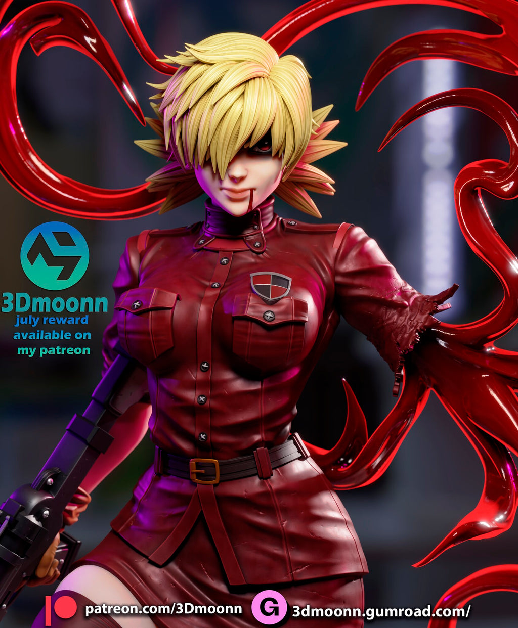 Sculptor's render (kit ships unpainted): built with the tendril arm: close-up of the face, the crest on the jacket and the clawed red hand