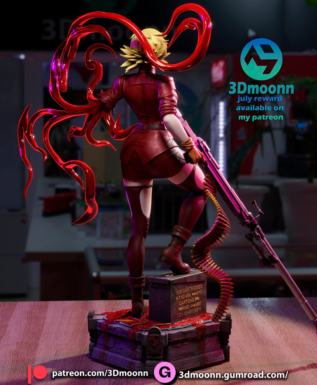 Sculptor's render (kit ships unpainted): built with the tendril arm: rear view of the uniform, the tendril loops and the hanging ammo belt