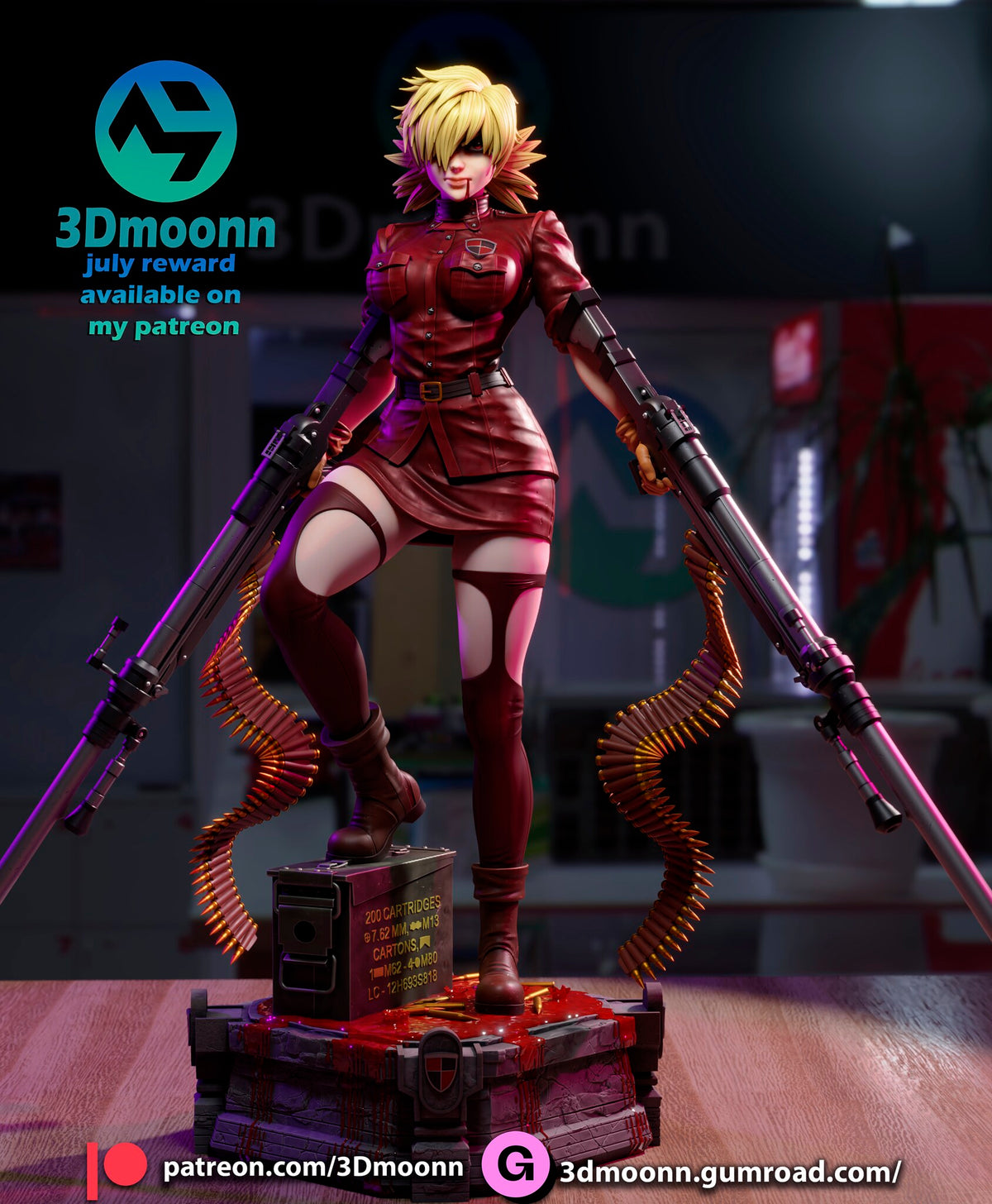 Sculptor's render (kit ships unpainted): built with the twin cannons: front full view with a cannon and an ammo belt in each hand