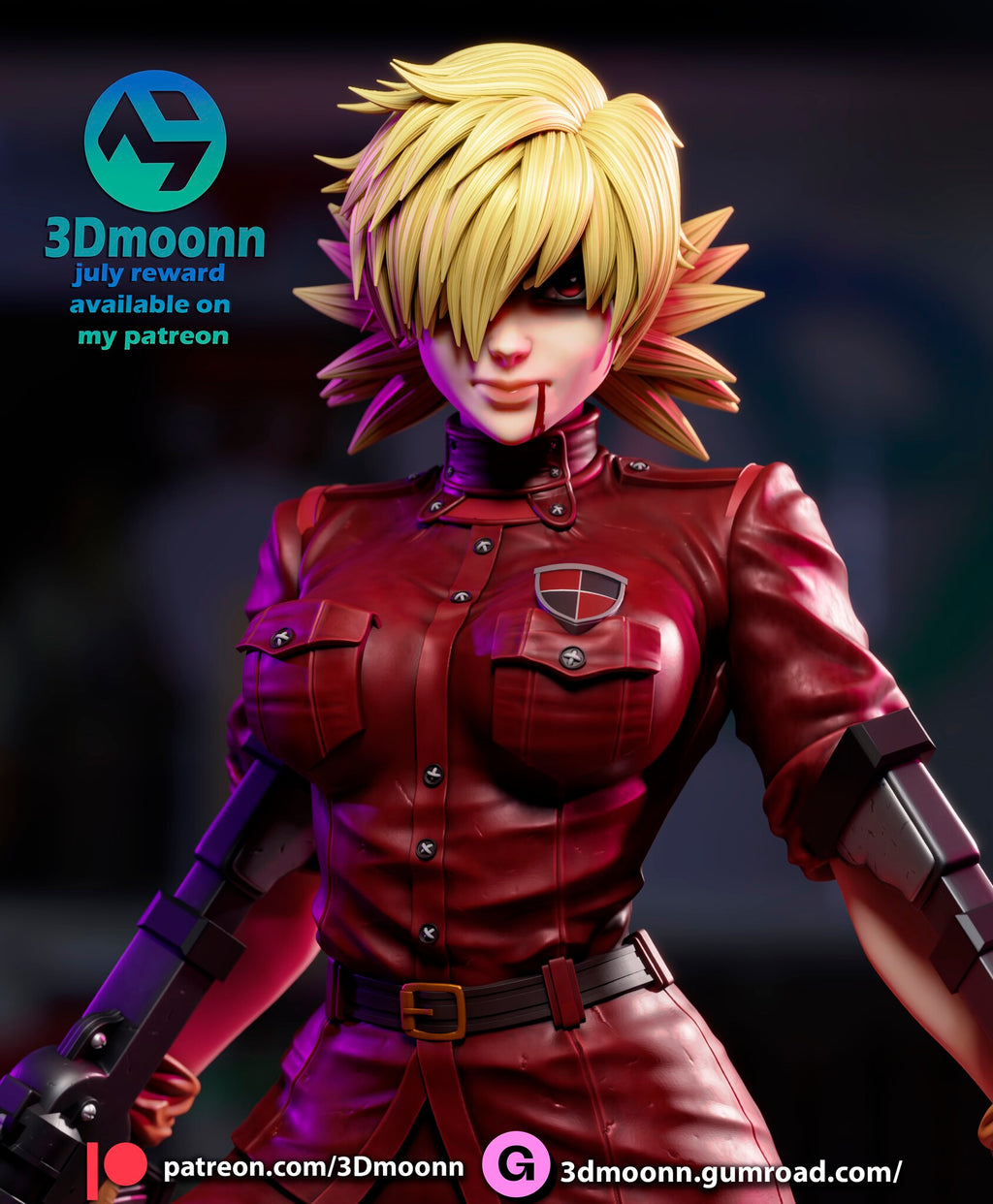 Sculptor's render (kit ships unpainted): built with the twin cannons: close-up of the face and uniform, with a cannon brace along each forearm