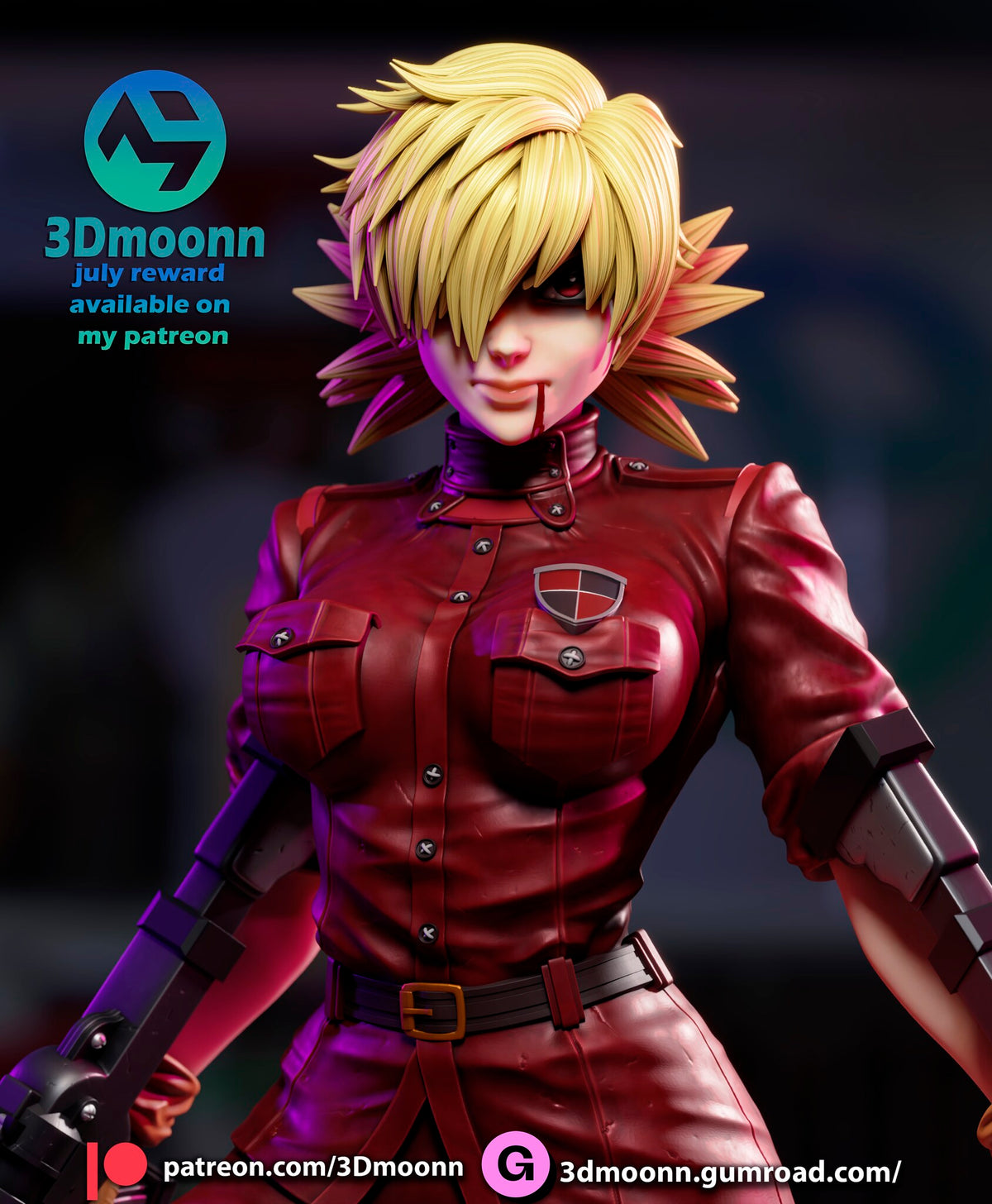 Sculptor's render (kit ships unpainted): built with the twin cannons: close-up of the face and uniform, with a cannon brace along each forearm