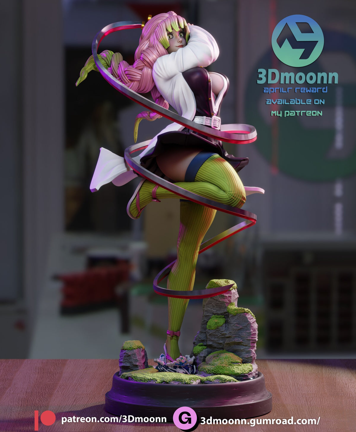 Sculptor's render of the painted design (kit ships unpainted): full three-quarter view of the swordswoman on one foot, the ribbon blade spiraling around her above the mossy pond base