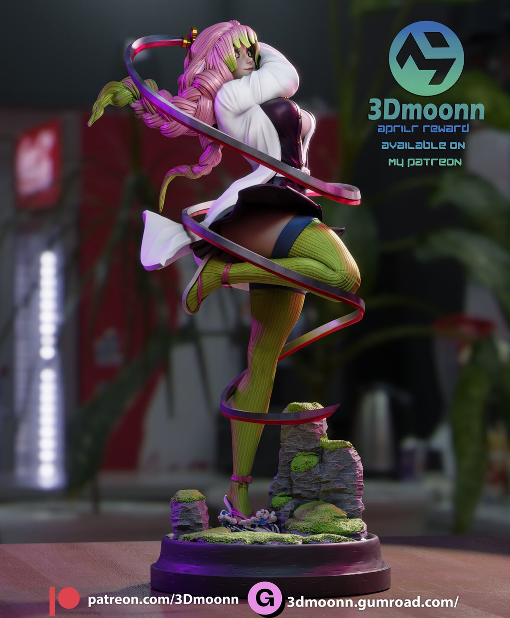 Sculptor's render (kit ships unpainted): three-quarter view from behind her shoulder, a long braid sweeping out and the blade looping around her