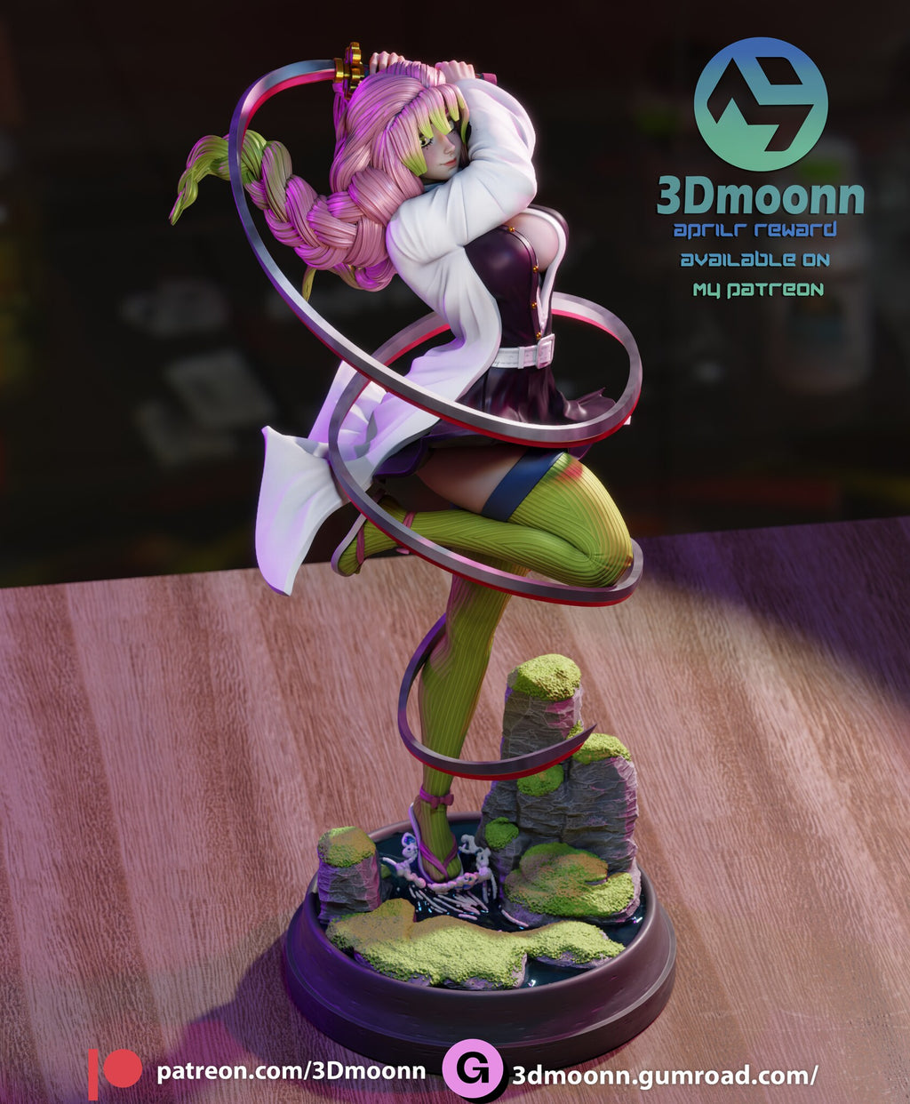 Sculptor's render (kit ships unpainted): high view looking down at the round base with dark water, moss strips and a white splash around her foot