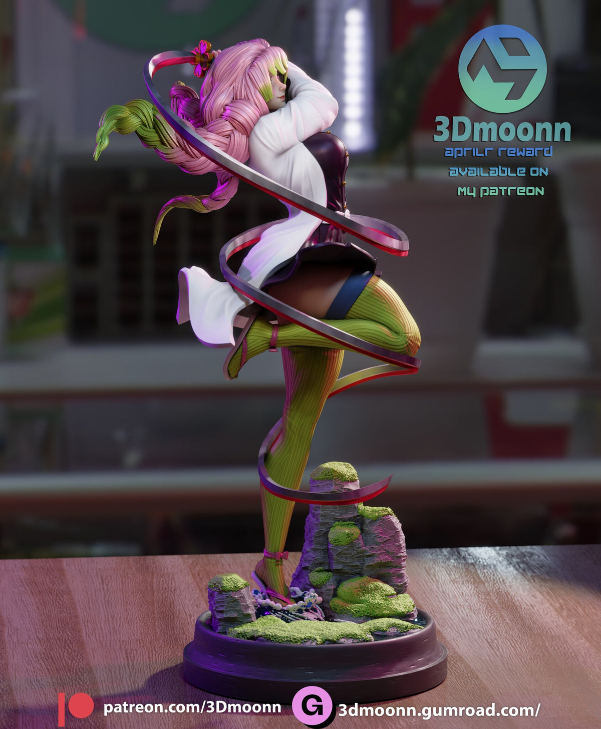 Sculptor's render (kit ships unpainted): side view with one knee raised and the flower-shaped sword guard above her head