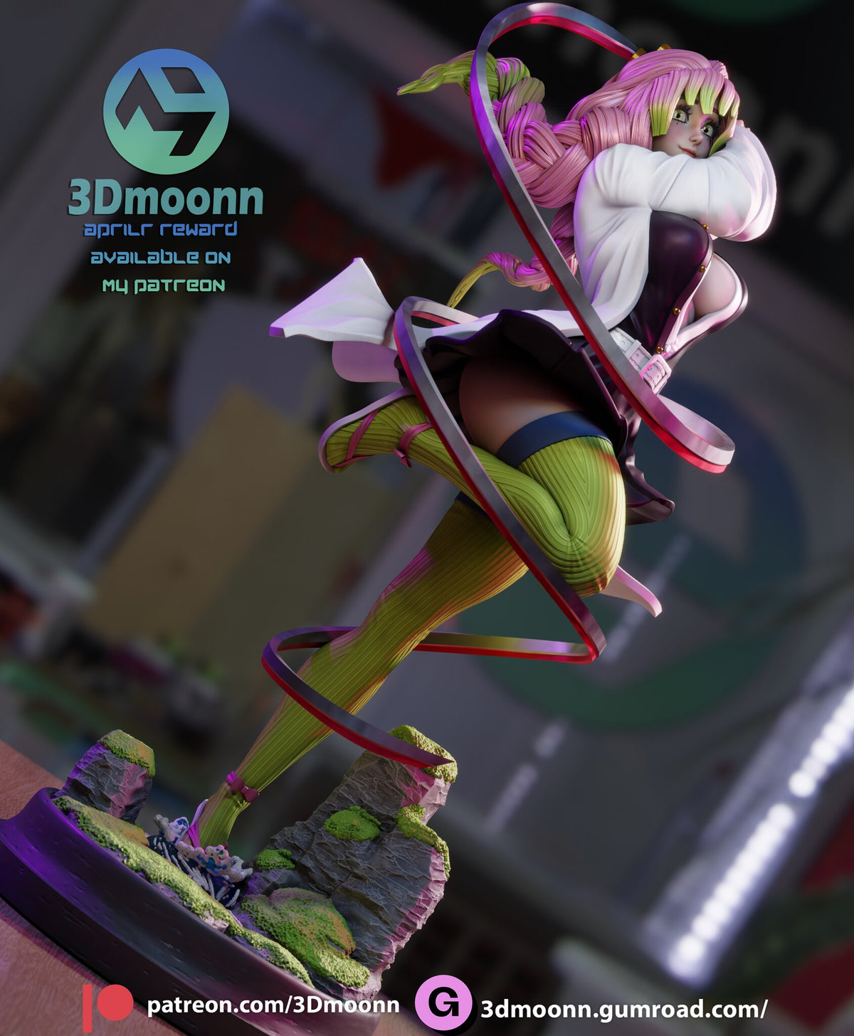 Sculptor's render (kit ships unpainted): low view looking up as the blade loops stand off from her body above the rock stack