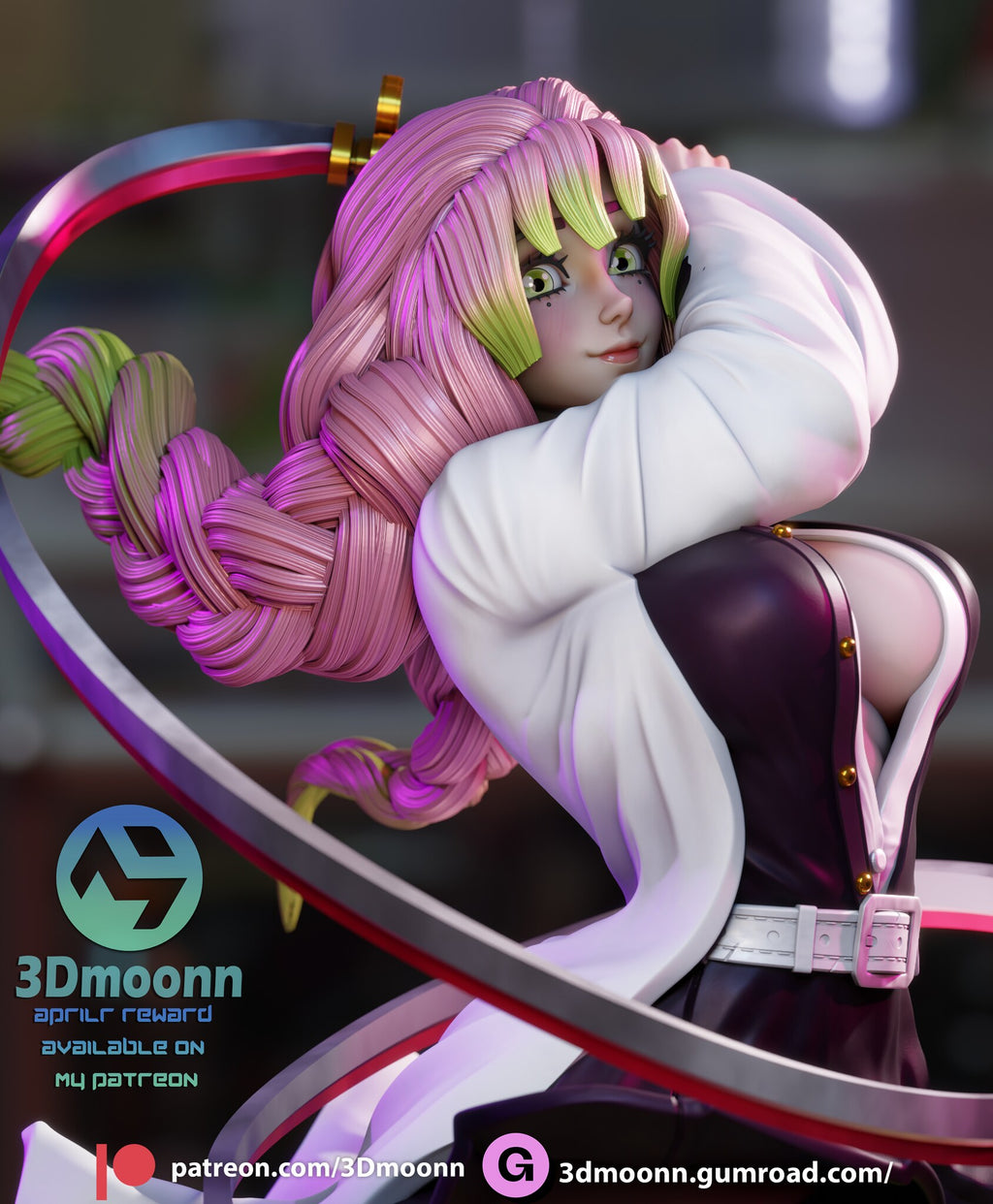 Sculptor's render (kit ships unpainted): close-up of the face with green eyes and pink bangs tipped in green
