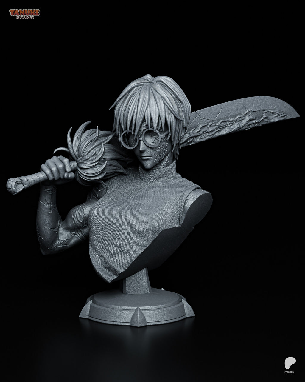 Sculptor's render of the unpainted gray sculpt (kit ships unpainted): front three-quarter view of the bust in round glasses with the heavy cleaver blade over her shoulder, on the round plinth