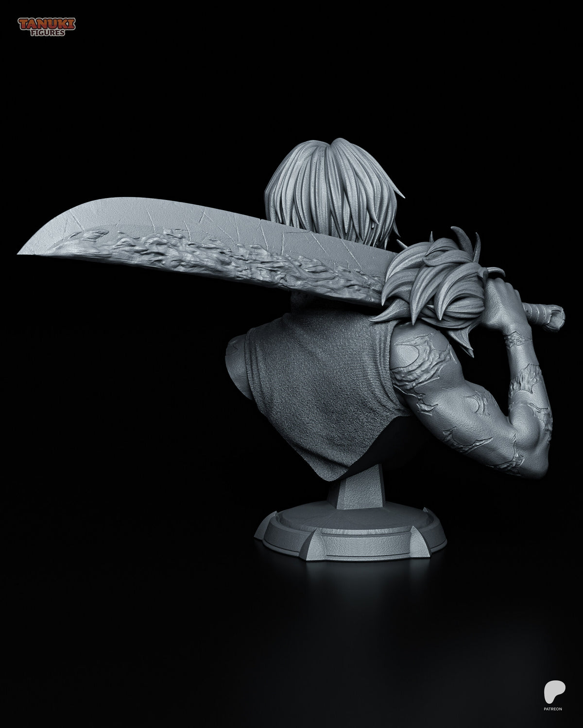 Sculptor's render (kit ships unpainted): back three-quarter view showing the short hair, the scarred raised arm and the full length of the blade