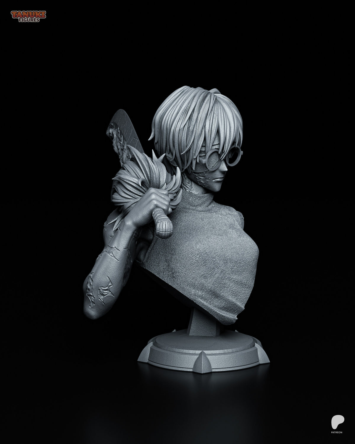 Sculptor's render (kit ships unpainted): view from her right side with the glasses in profile and the fist on the blade's grip