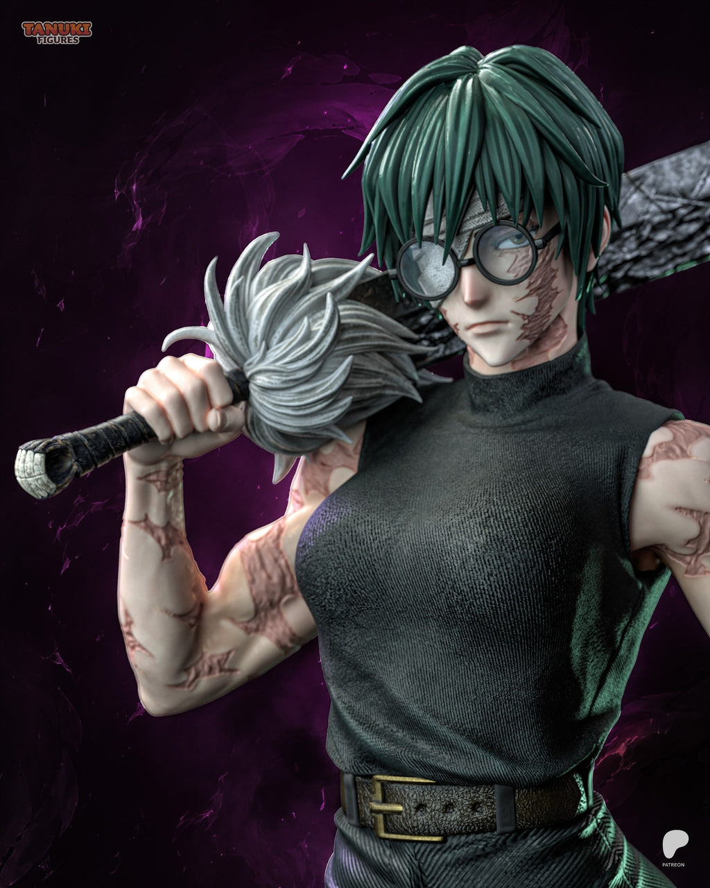 Sculptor's render (kit ships unpainted): waist-up view of the glasses head with the forehead bandage, the blade over her shoulder