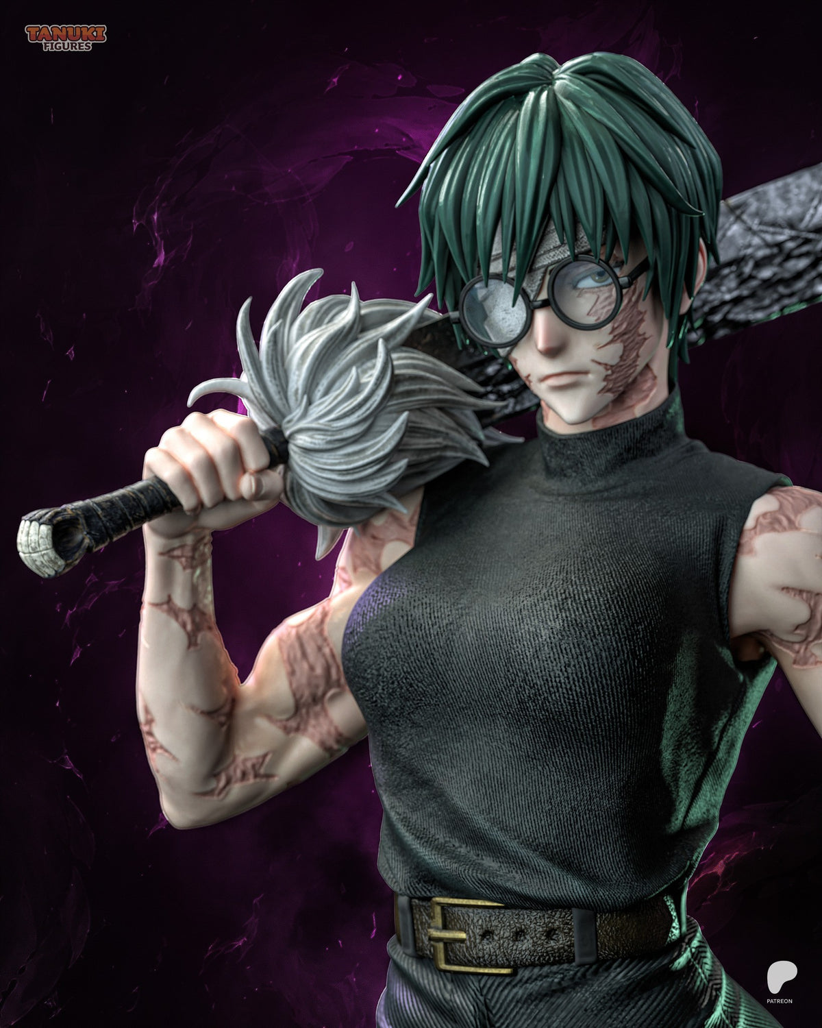 Sculptor's render (kit ships unpainted): waist-up view of the glasses head with the forehead bandage, the blade over her shoulder